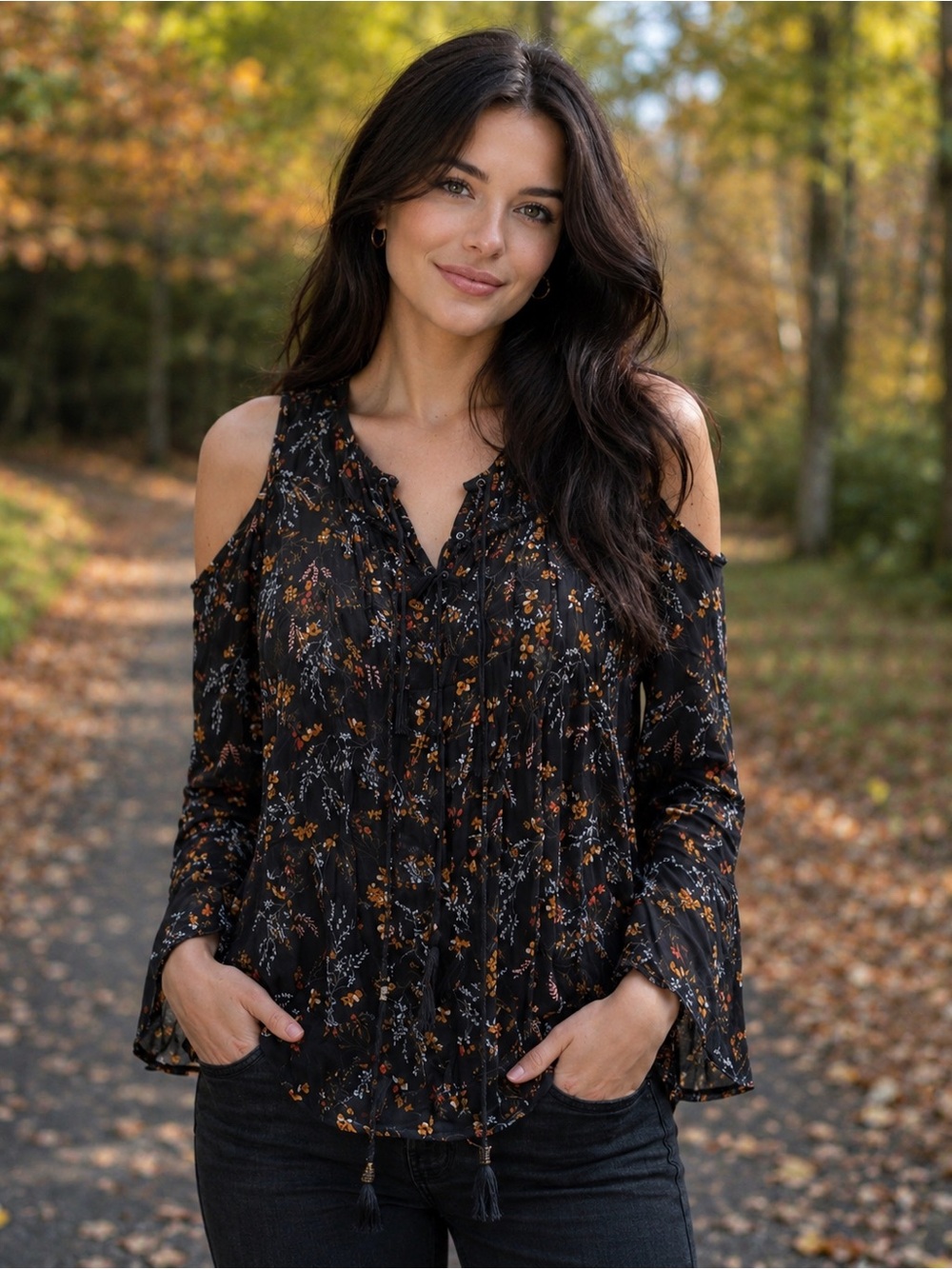 Philosophy Black Floral Cold Shoulder Blouse Top
